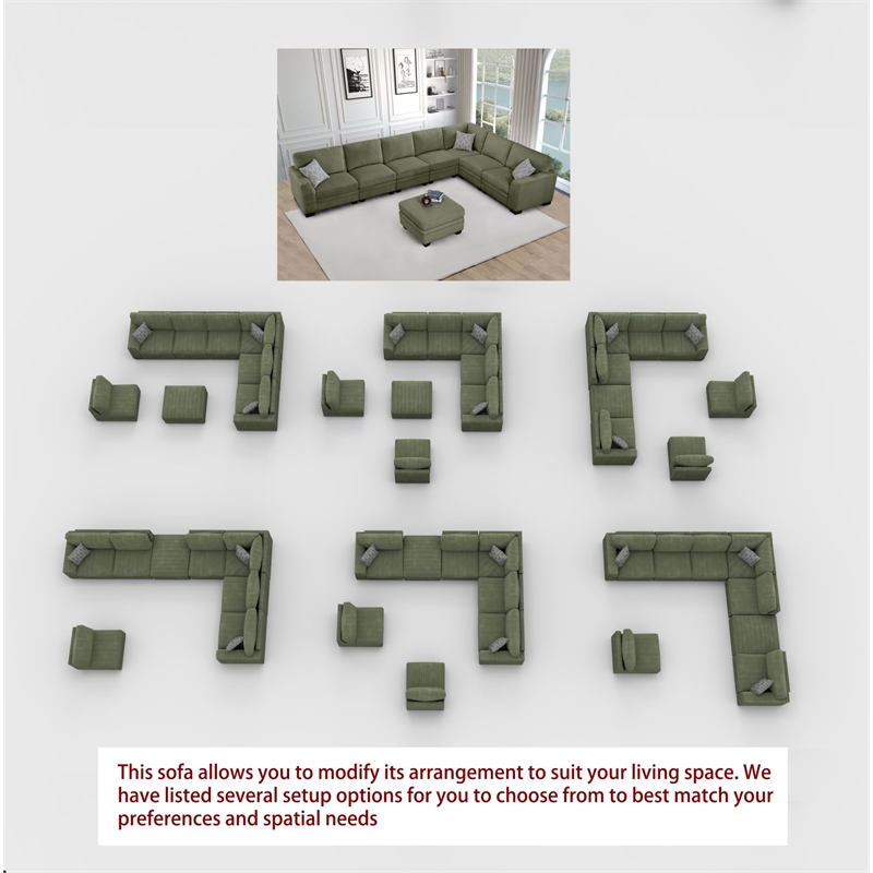 Pemberly Row 8 PCS Corduroy Flexible Combination Sectional Sofa in Olive