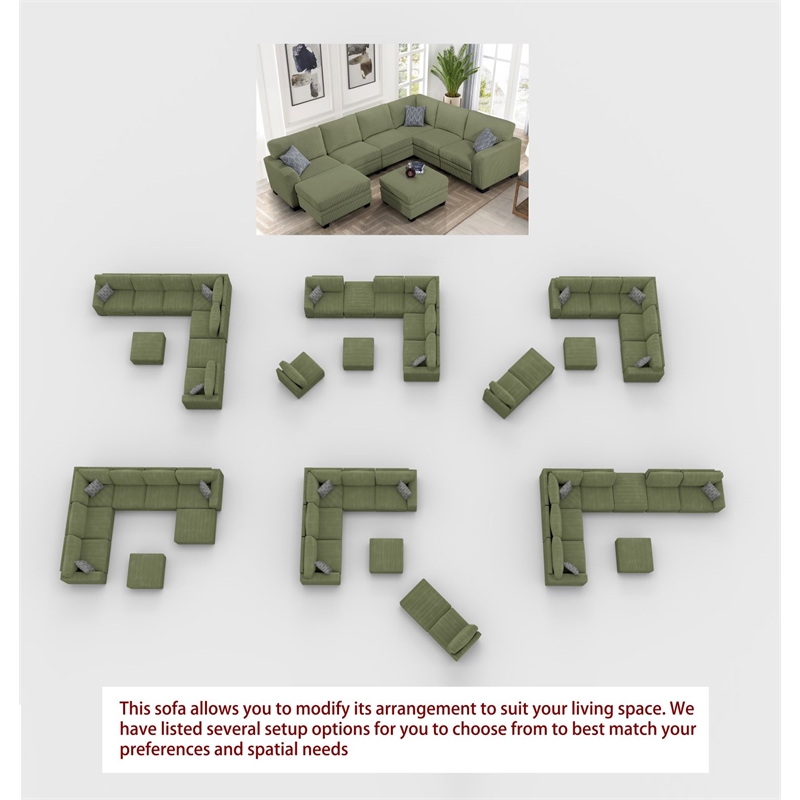 Pemberly Row 8 PCS Corduroy Flexible Combination Sectional Sofa in Olive