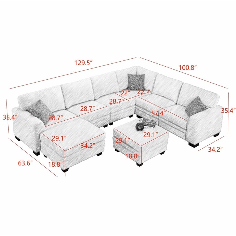 Pemberly Row 8 PCS Corduroy Flexible Combination Sectional Sofa in Olive