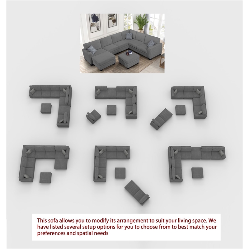 Pemberly Row 8 PCS Corduroy Flexible Combination Sectional Sofa in Dark Gray