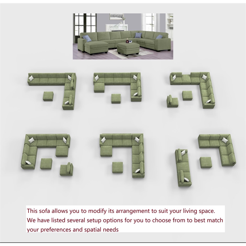 Pemberly Row 9 PCS Corduroy Flexible Combination Sectional Sofa in Olive
