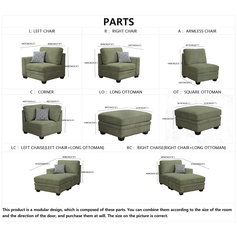 Pemberly Row 9 PCS Corduroy Flexible Combination Sectional Sofa in Olive
