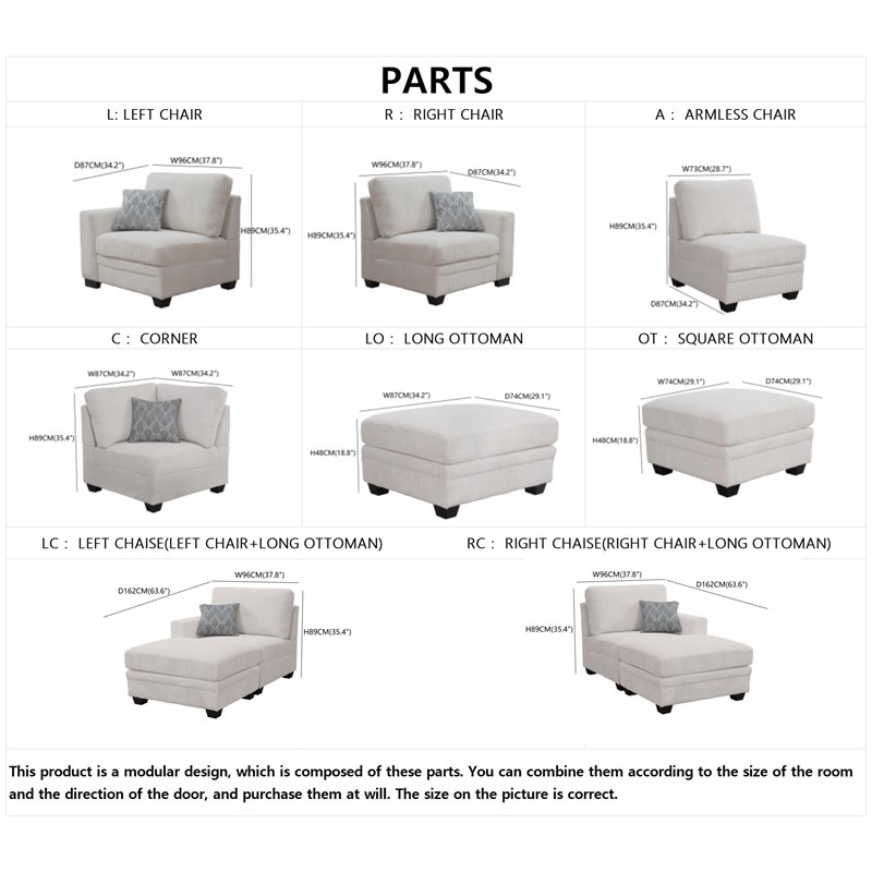 Pemberly Row 9 PCS Corduroy Flexible Combination Sectional Sofa in Cream