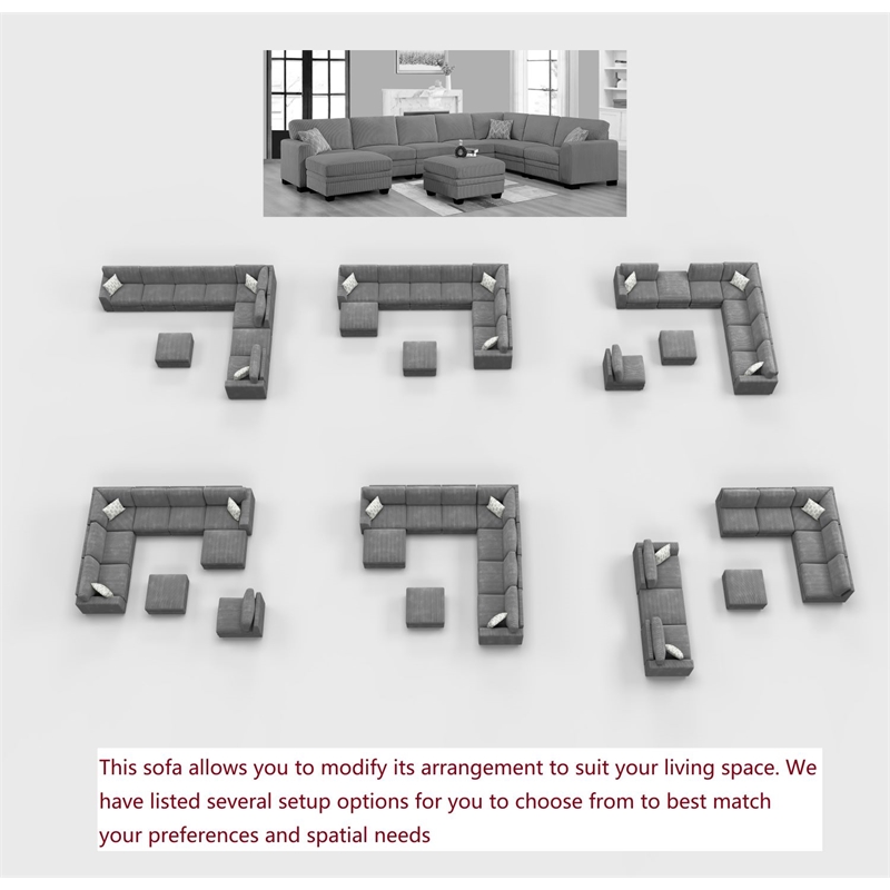 Pemberly Row 9 PCS Corduroy Flexible Combination Sectional Sofa in Dark Gray