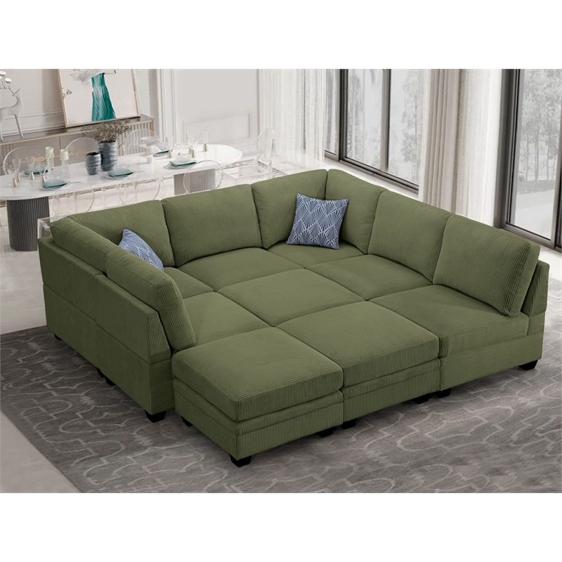 Pemberly Row 9 PCS Corduroy Flexible Combination Sectional Sofa in Olive