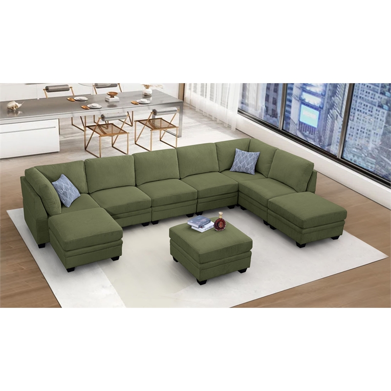 Pemberly Row 9 PCS Corduroy Flexible Combination Sectional Sofa in Olive