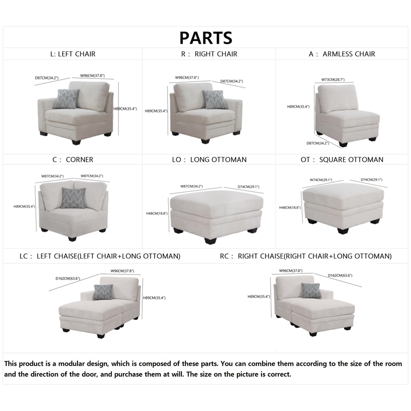 Pemberly Row 9 PCS Corduroy Flexible Combination Sectional Sofa in Cream