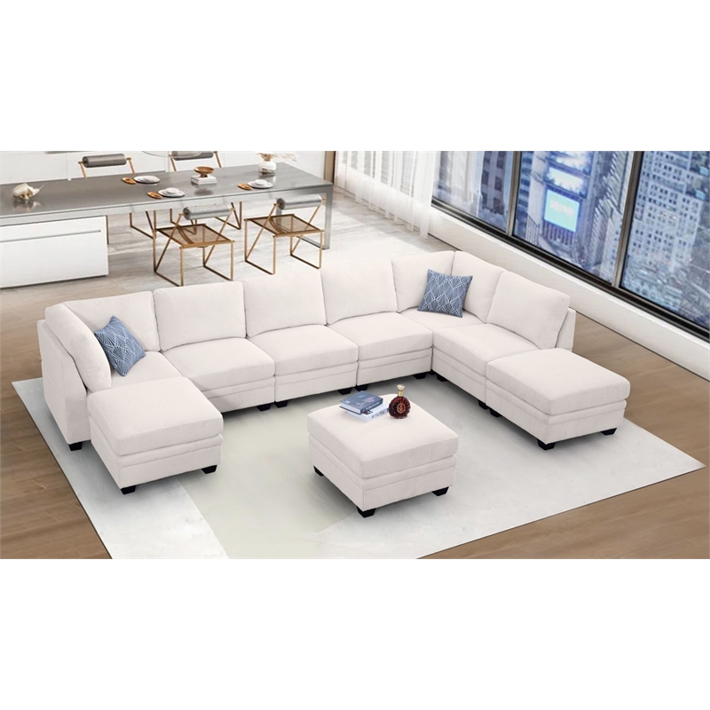 Pemberly Row 9 PCS Corduroy Flexible Combination Sectional Sofa in Cream