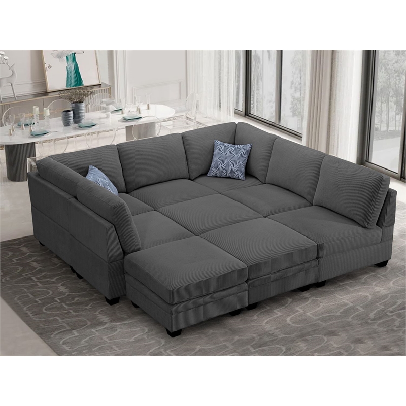 Pemberly Row 9 PCS Corduroy Flexible Combination Sectional Sofa in Dark Gray