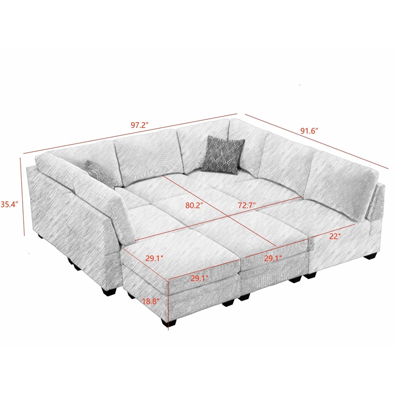 Pemberly Row 9 PCS Corduroy Flexible Combination Sectional Sofa in Dark Gray