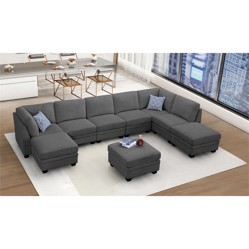 Pemberly Row 9 PCS Corduroy Flexible Combination Sectional Sofa in Dark Gray