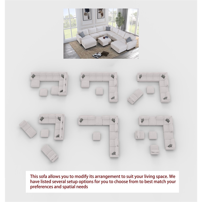 Pemberly Row 10 PCS Corduroy Flexible Combination Sectional Sofa in Cream
