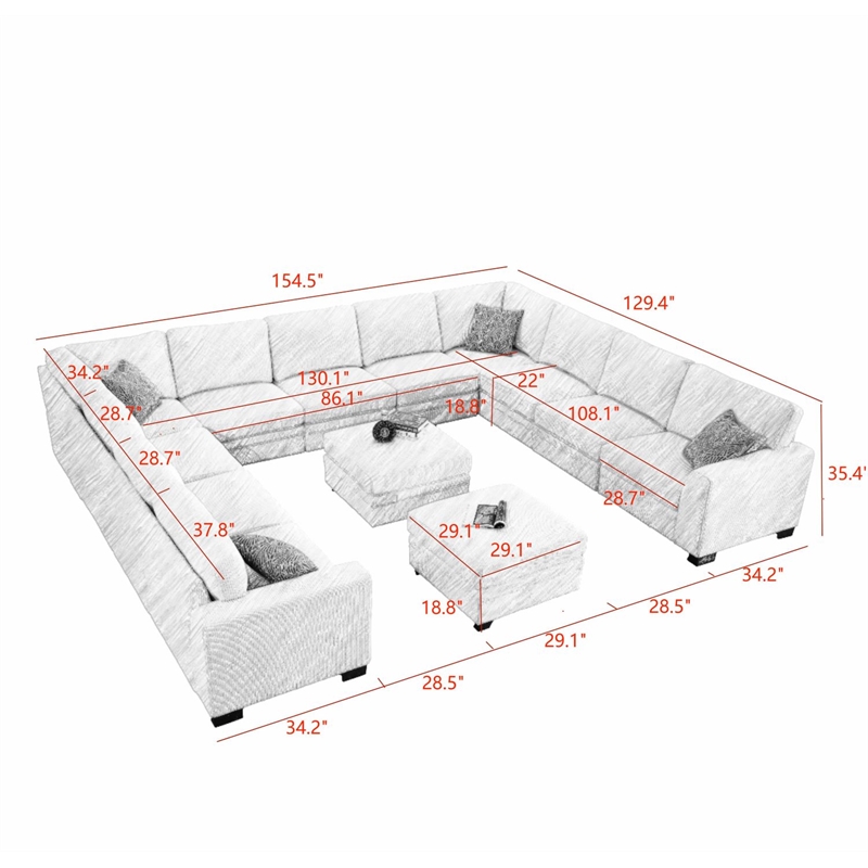 Pemberly Row 13PCS Corduroy Flexible Combination Sectional Sofa in Cream