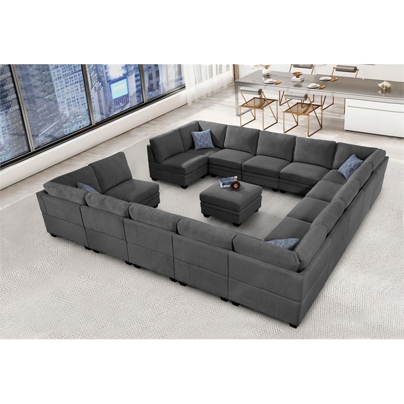 Pemberly Row 16 PCS Corduroy Flexible Combination Sectional Sofa in Dark Gray