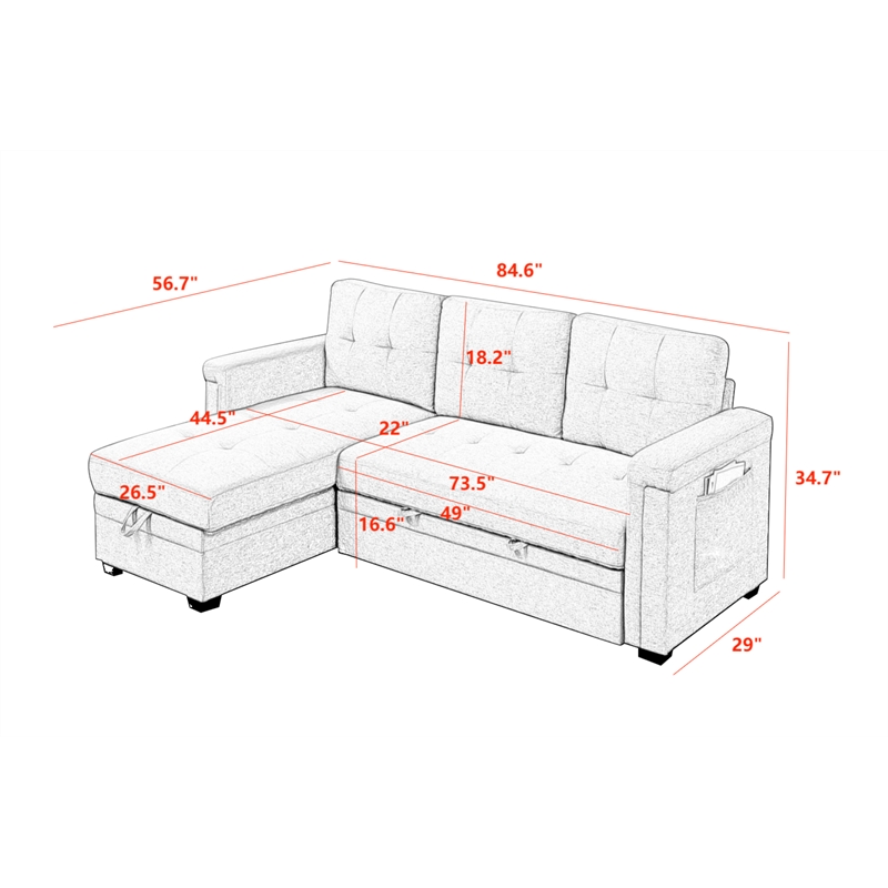 Pemberly Row Storage Reversible Conversible Sectional Sofa Sleeper in Charcoal