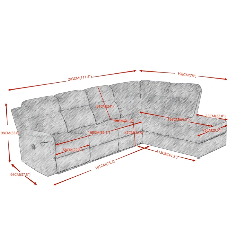 Pemberly Row Recliner Storage Upholstery Sectional Sofa Couch in Gray
