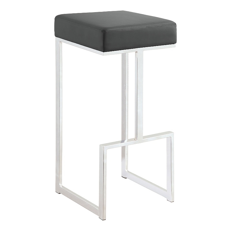 Pemberly Row Contemporary Square Faux Leather Bar Stool in Gray and Chrome