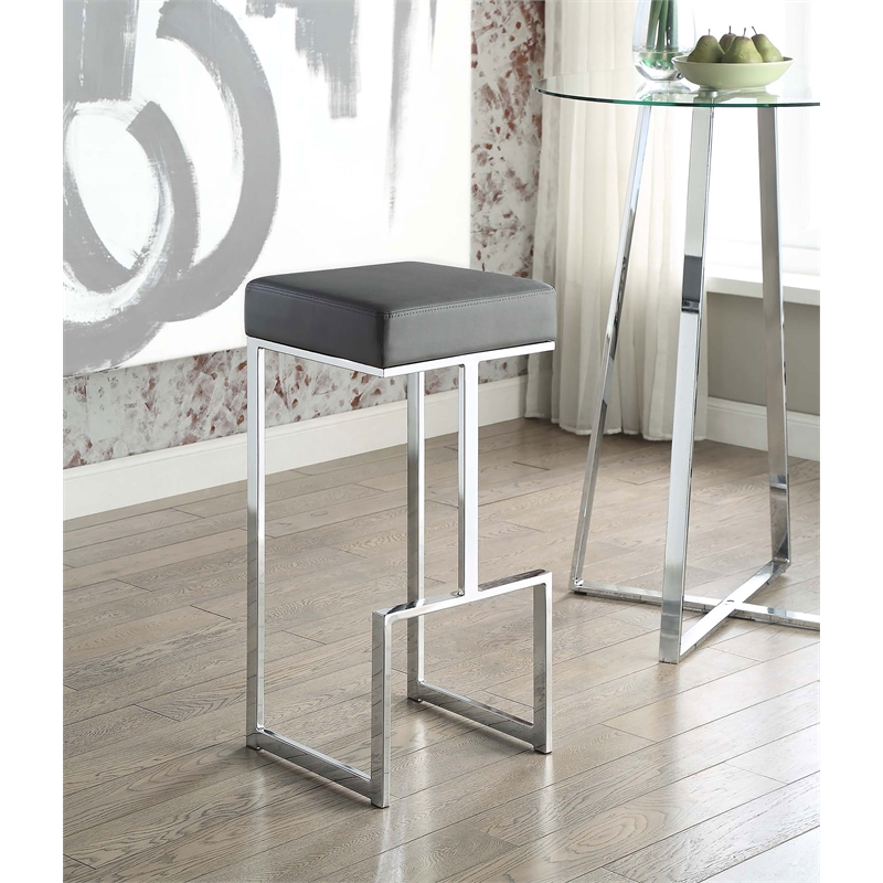 Pemberly Row Contemporary Square Faux Leather Bar Stool in Gray and Chrome