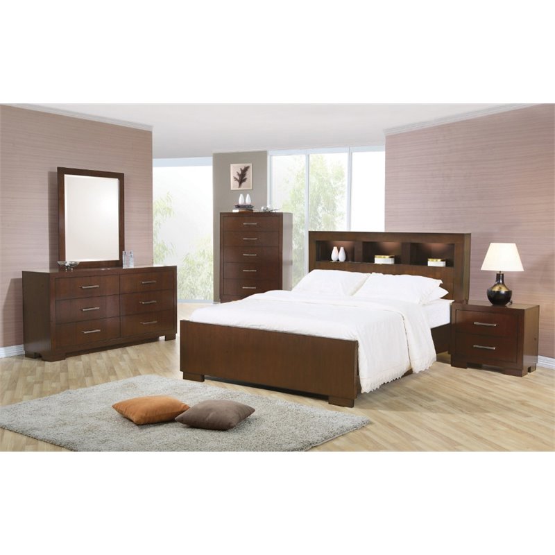 Pemberly Row Contemporary Bookcase Wood Queen Platform Bed in Cappuccino