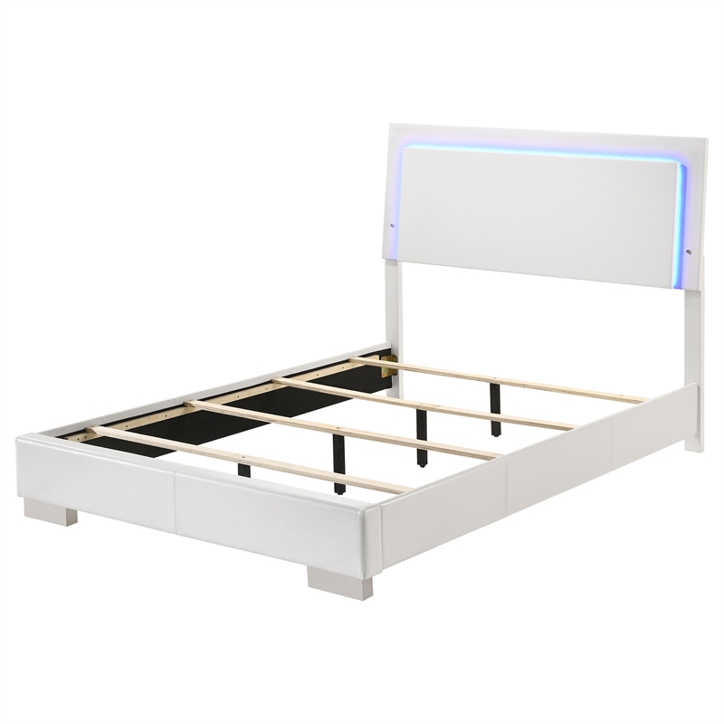 Pemberly Row Polyurethane Full Panel Bed with LED Lighting in White