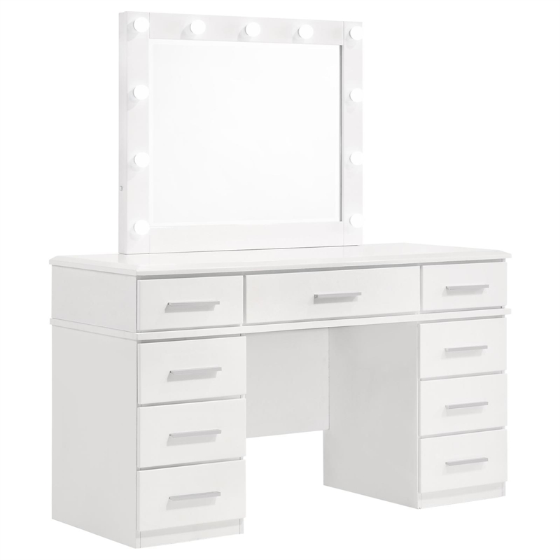 Pemberly Row 9-drawer Wood Vanity Desk with Lighted Mirror Glossy White