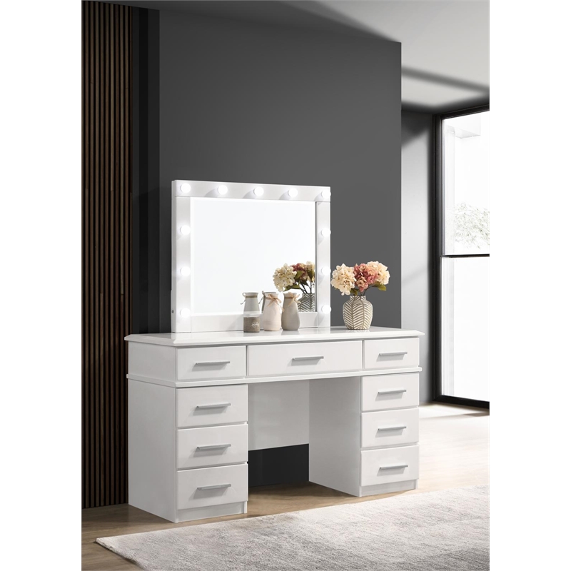Pemberly Row 9-drawer Wood Vanity Desk with Lighted Mirror Glossy White