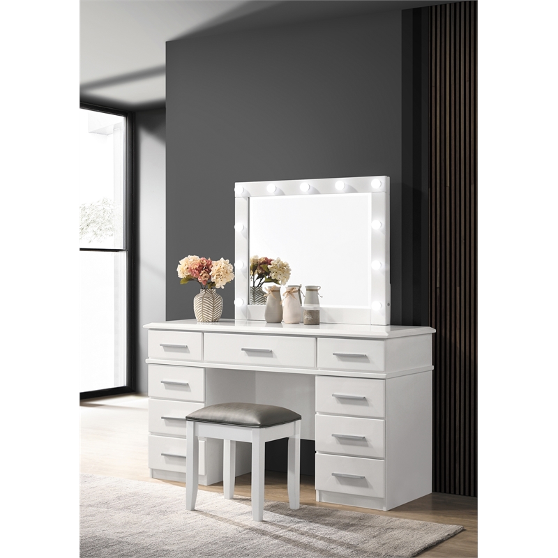 Pemberly Row Upholstered Wood Vanity Stool Metallic and Glossy White