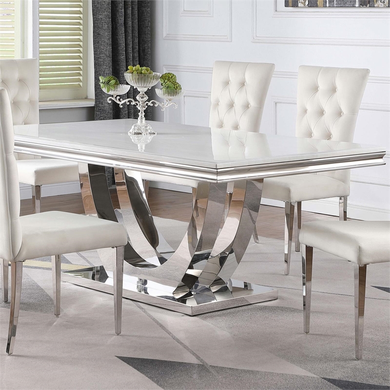 Pemberly Row Metal Rectangle Faux Marble Top Dining Table White and Chrome