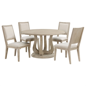 Pemberly Row 5-Piece Round Wood Dining Table Set in Brown and Beige