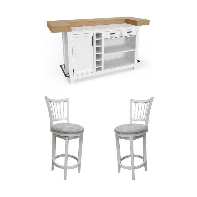 Pemberly Row Set of 3 Quartz Inserted Dining Bar & Spindle Back Swivel Barstools