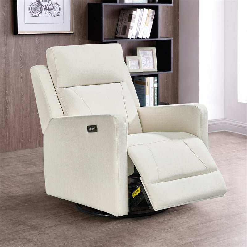 Pemberly Row Fabric Glider Power Recliner Nursery Rocking Swivel Chair in Cream