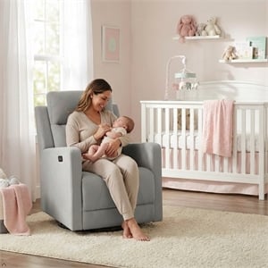 Pemberly Row Fabric Glider Power Recliner Nursery Rocking Swivel Chair in Gray