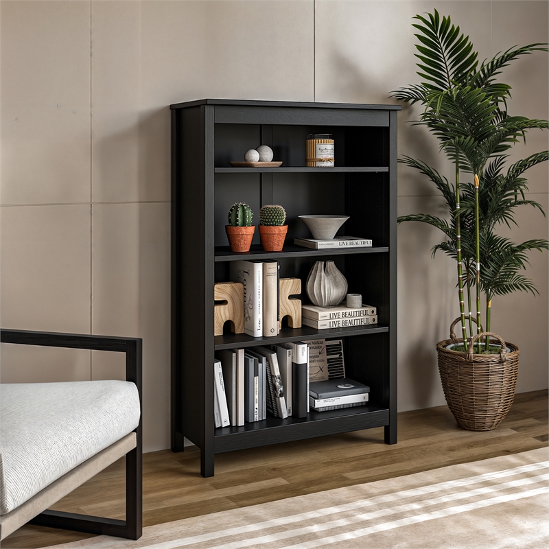 Pemberly Row Solid Pine Wood Classic Bookcase - Black Finish 48