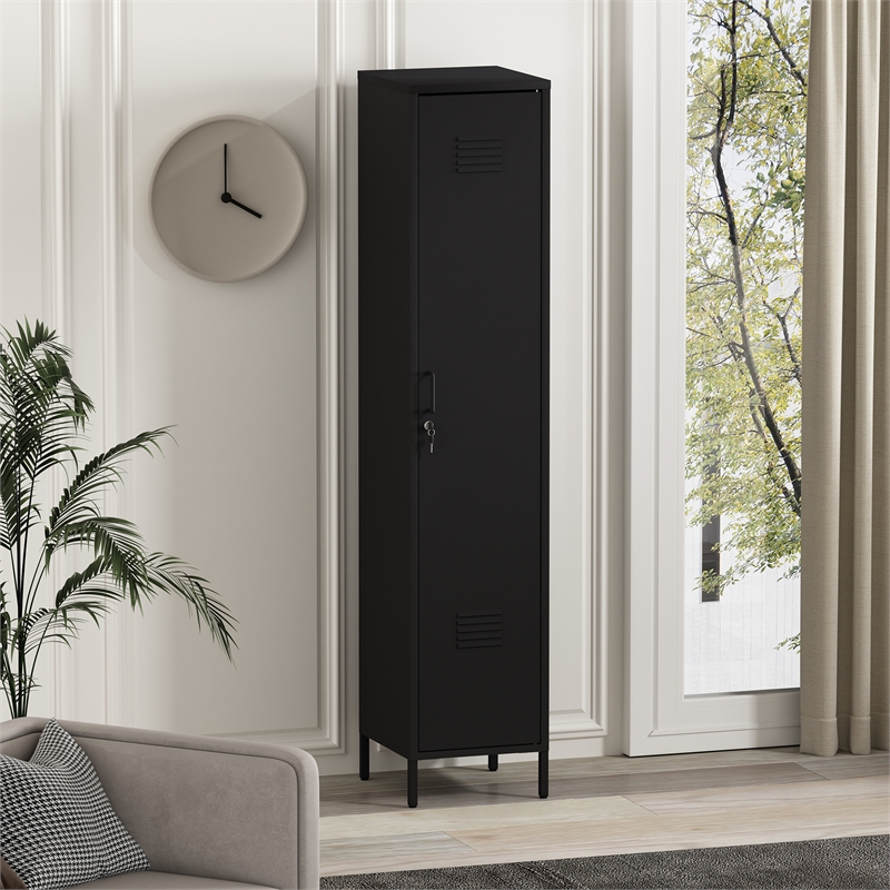 Pemberly Row 15 Single Locker Storage Cabinet with 5 Adjustable Shelves in Black
