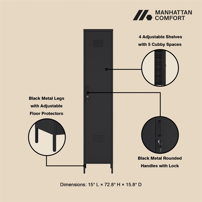 Pemberly Row 15 Single Locker Storage Cabinet with 5 Adjustable Shelves in Black