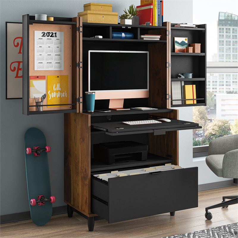 Pemberly Row Engineered Wood Computer Cabinet in Grand Walnut
