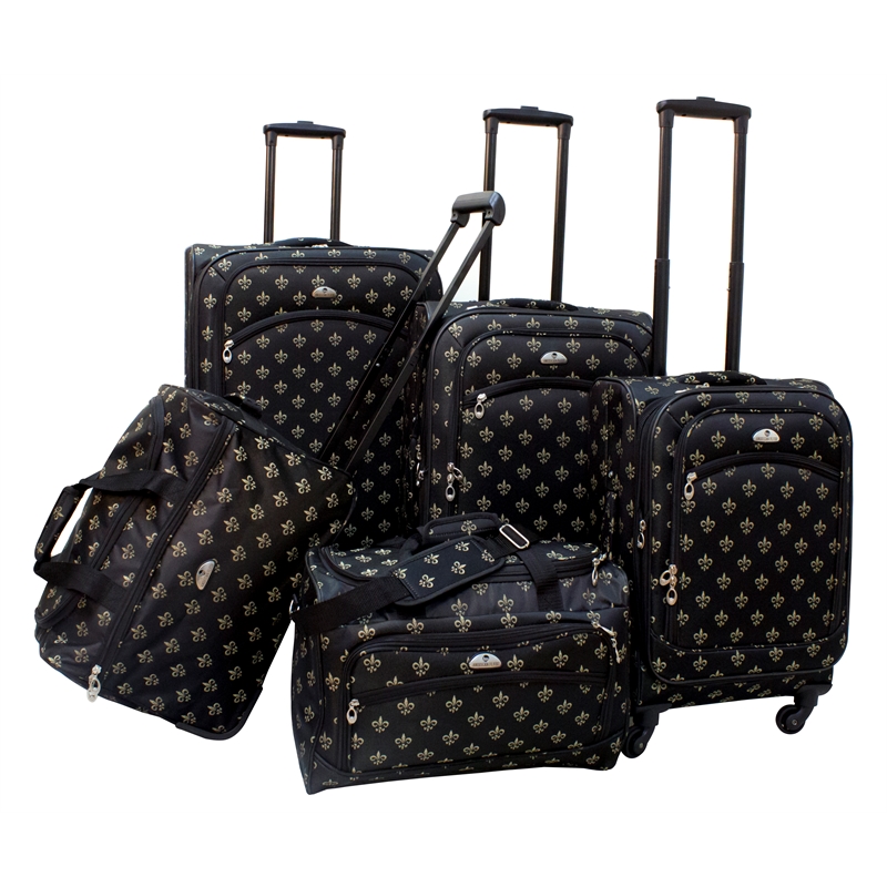 Pemberly Row Traditional Polyester 5-Piece Spinner Luggage Set in Black