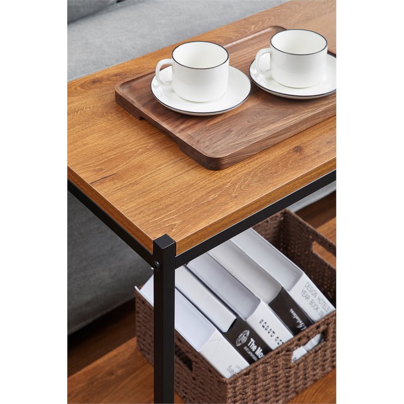 Pemberly Row Wood Console Table with Storage Shelf in Oak Brown