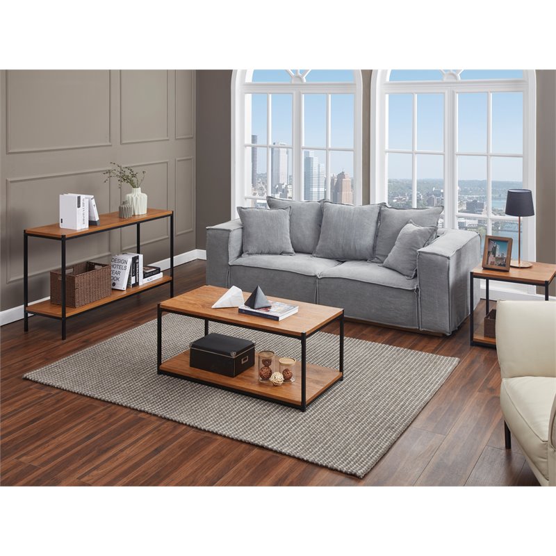 Pemberly Row Wood Console Table with Storage Shelf in Oak Brown