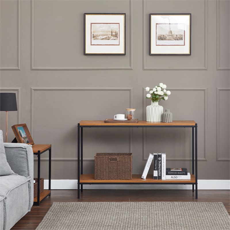 Pemberly Row Wood Console Table with Storage Shelf in Oak Brown