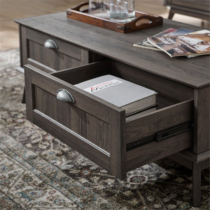 Pemberly Row Wood Center Coffee Table with 2 Drawers in Smoke Oak