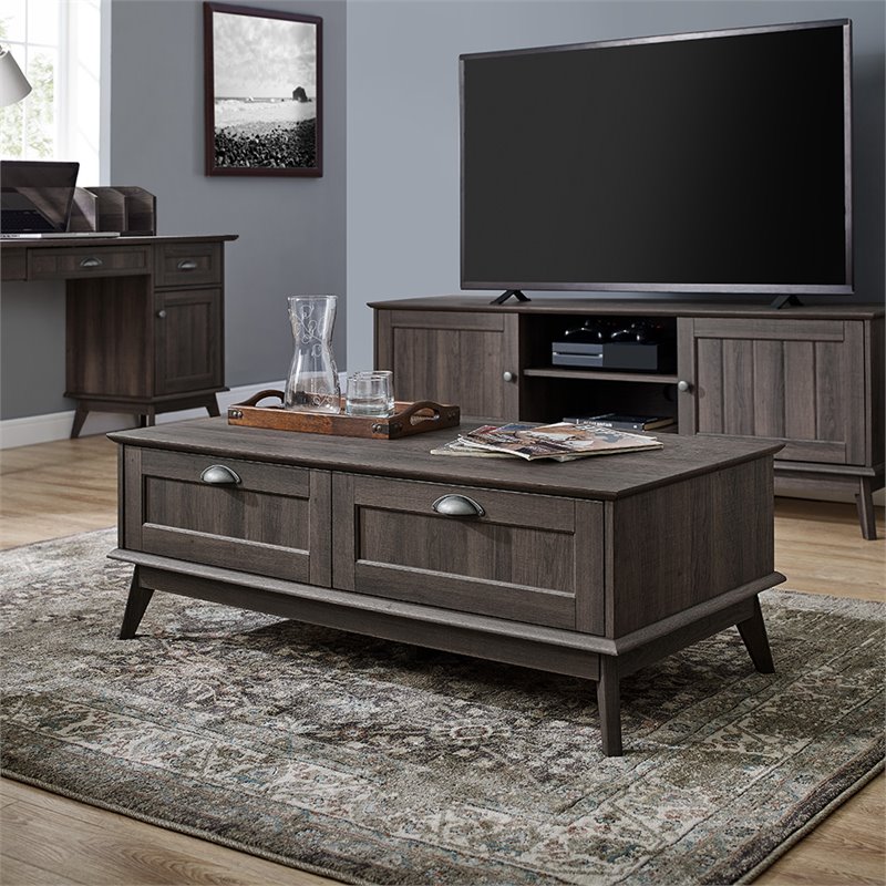 Pemberly Row Wood Center Coffee Table with 2 Drawers in Smoke Oak