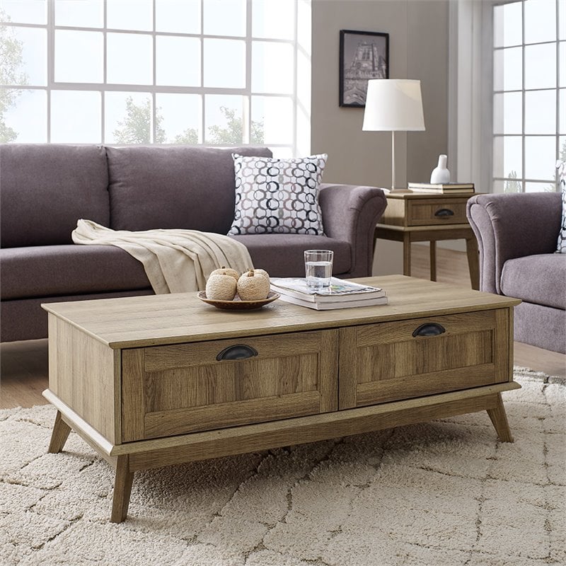 Pemberly Row Wood Center Coffee Table with 2 Drawers in Golden Oak