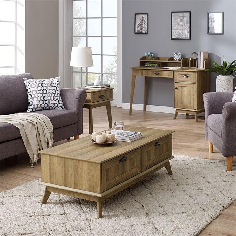 Pemberly Row Wood Center Coffee Table with 2 Drawers in Golden Oak