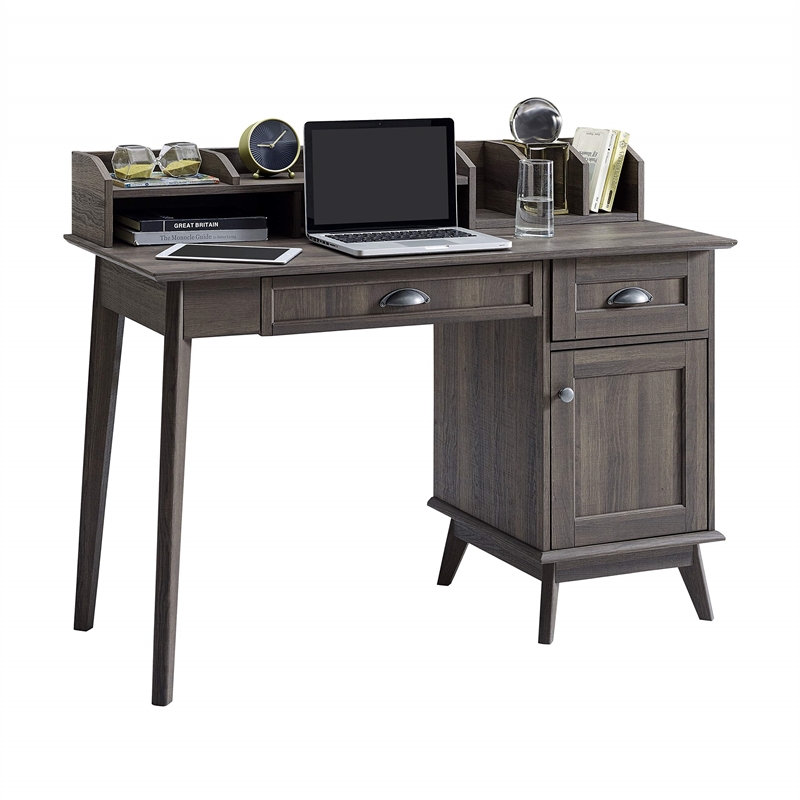 Pemberly Row Wood Writing/Computer Desk with Hutch in Smoke Oak
