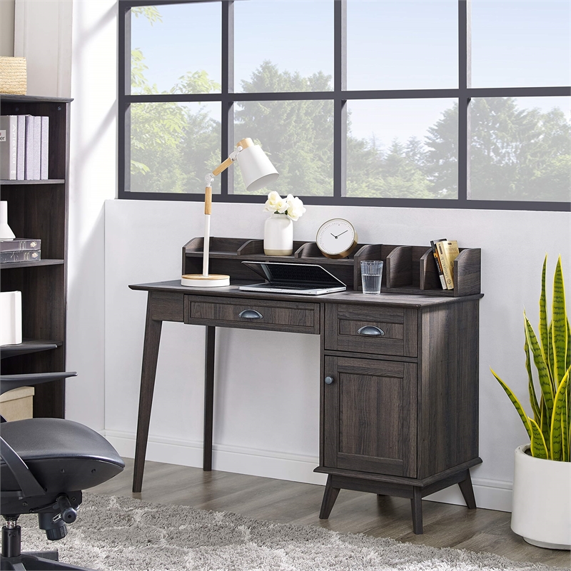 Pemberly Row Wood Writing/Computer Desk with Hutch in Smoke Oak
