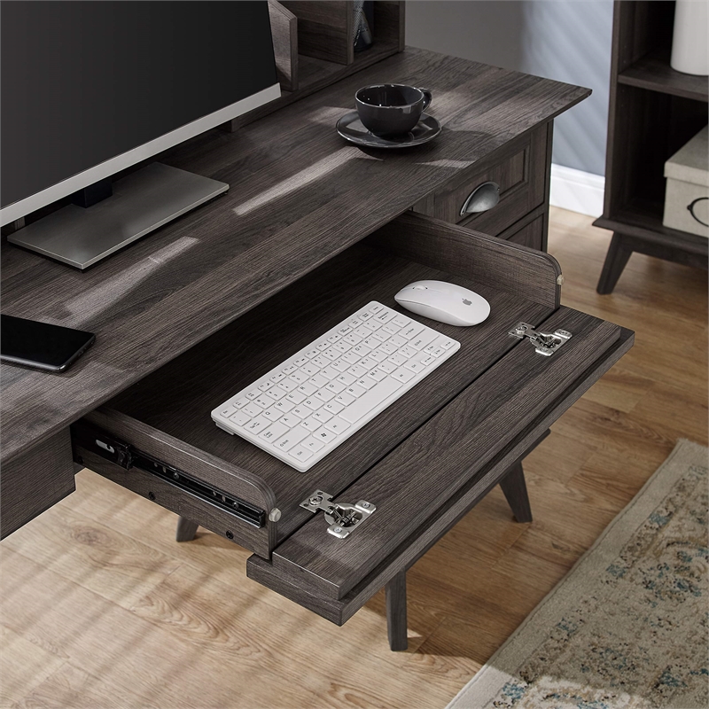 Pemberly Row Wood Writing/Computer Desk with Hutch in Smoke Oak