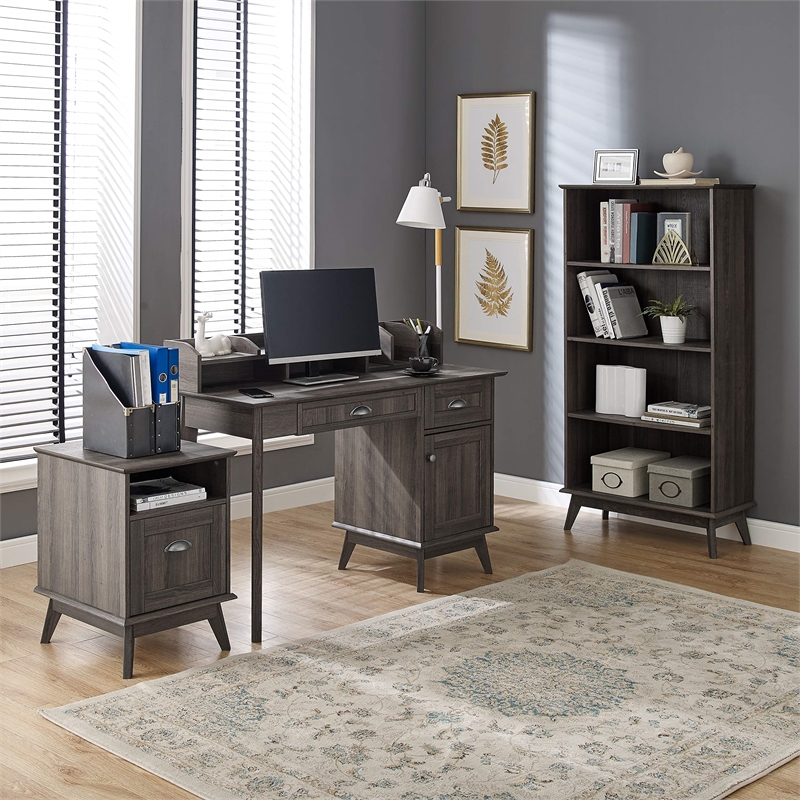 Pemberly Row Wood Writing/Computer Desk with Hutch in Smoke Oak