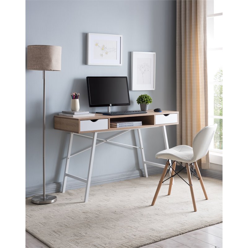 Pemberly Row Home Office Writing/Computer Desk with Drawers in White/Oak