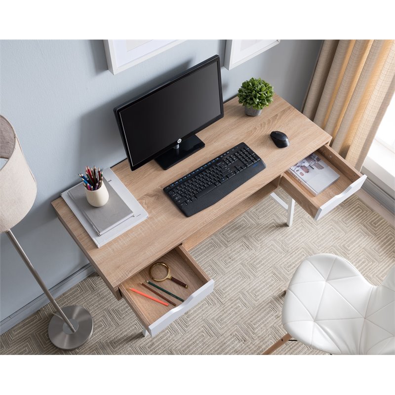 Pemberly Row Home Office Writing/Computer Desk with Drawers in White/Oak